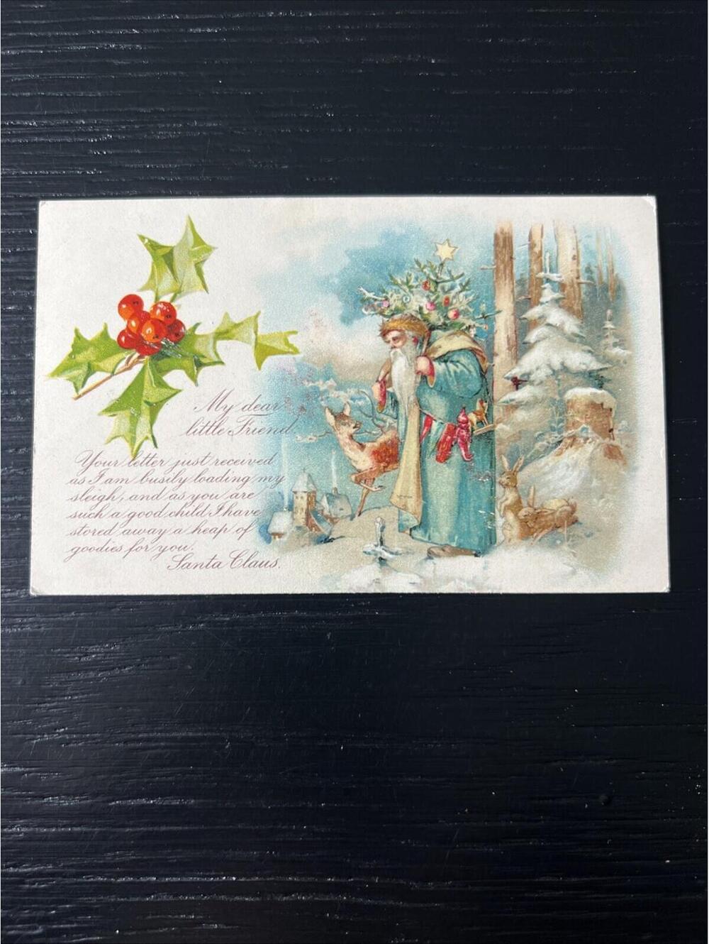 Santa Claus, Blue Robe, In The Woods With Wildlife, No Postmark Antique, Deer,